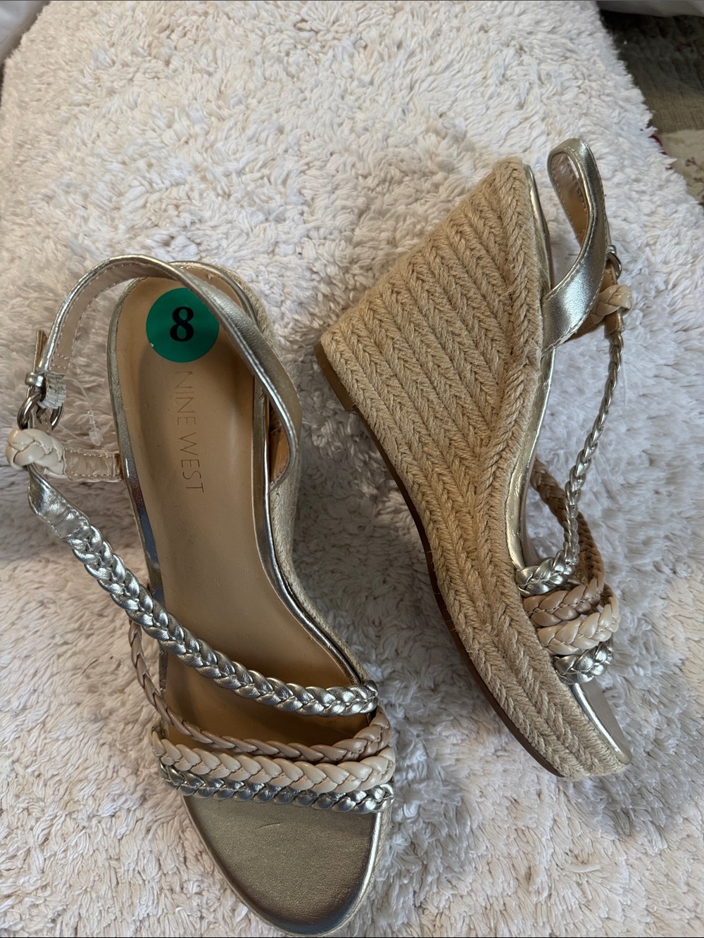 Nine West Metallic Gold and Beige Braided Espadrille Wedge Sandals